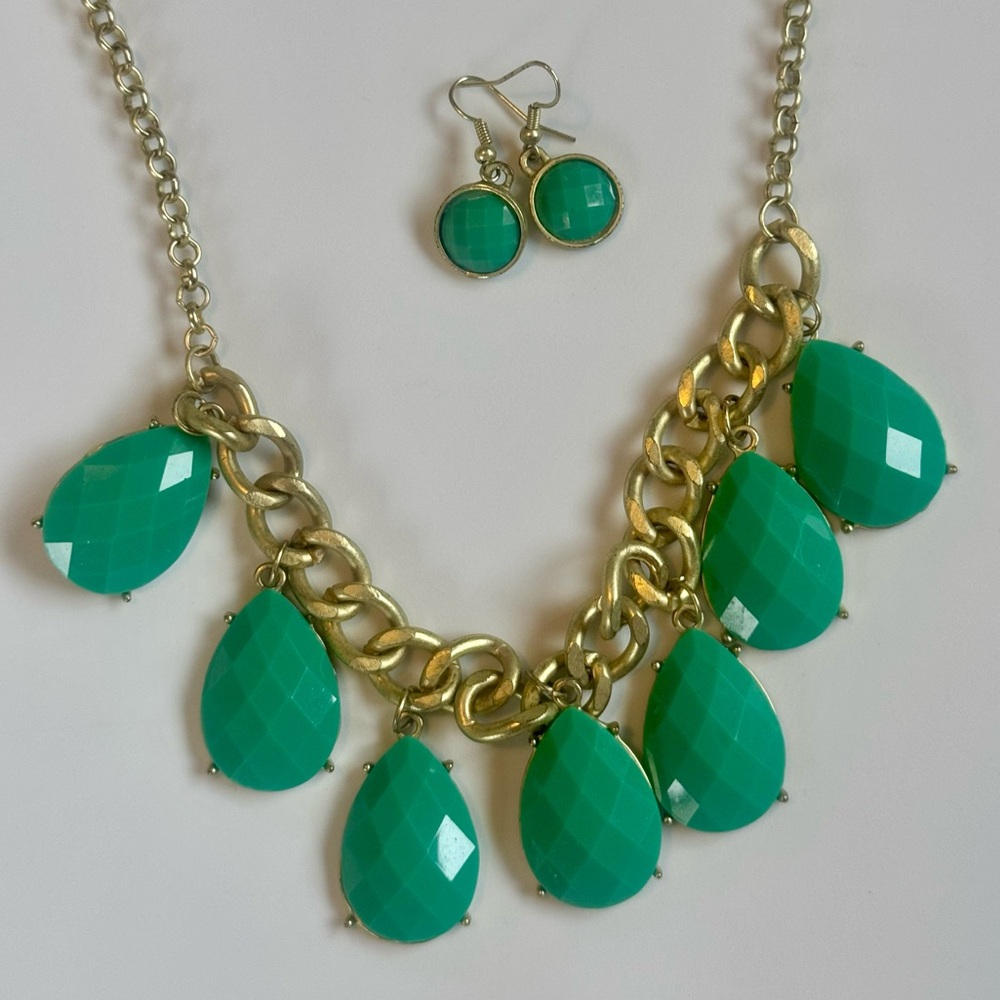 Gold Statement Necklace and Earring Set Teal Mint Teardrop Bib Jewelry